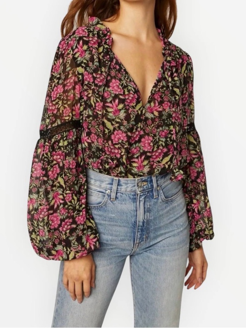 Misa Los Angelos Alicia Top Womens Floral V-Neck Peasant Blouse in Pink